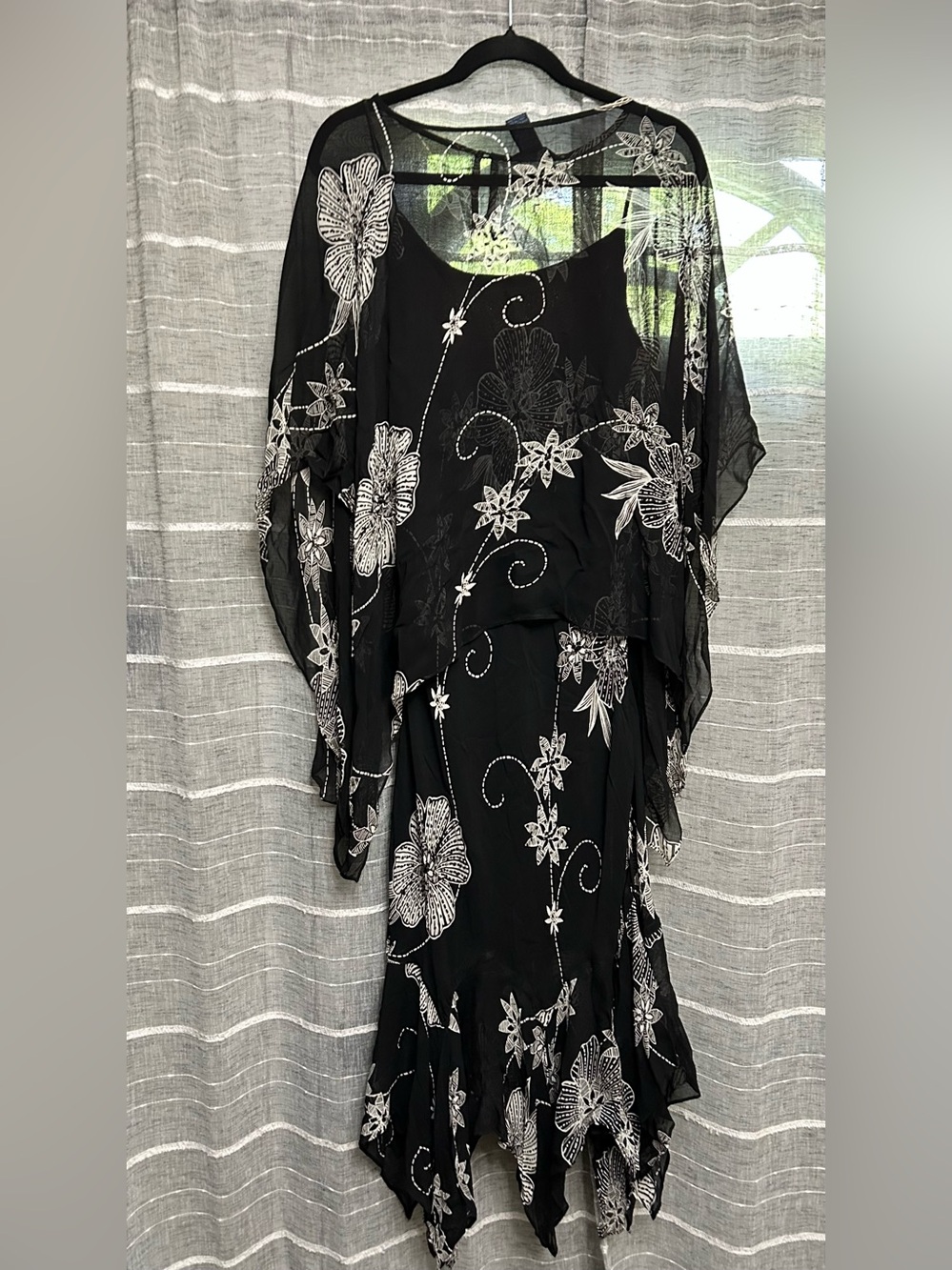 Vintage Black Floral Chiffon Maxi Dress with Sheer Overlay